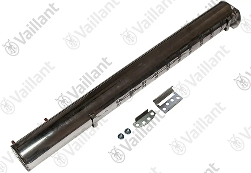 Vaillant Brennerstab aus Edelstahl mit Montagezubehör, bestehend aus einer langen, zylindrischen Form und mehreren Anschluss- und Montageschrauben.